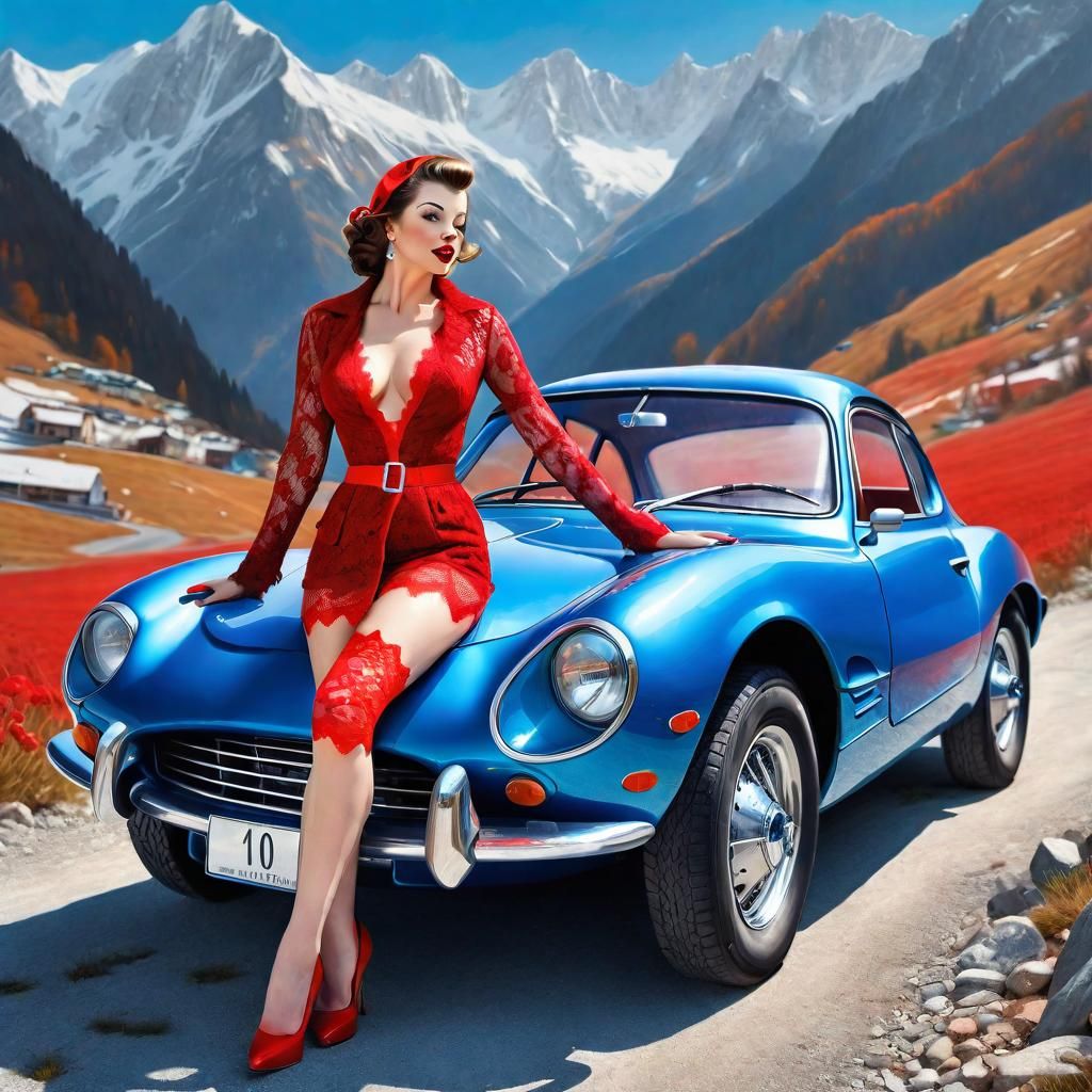Pin-Up in Red Lace and Blue Coat by Car