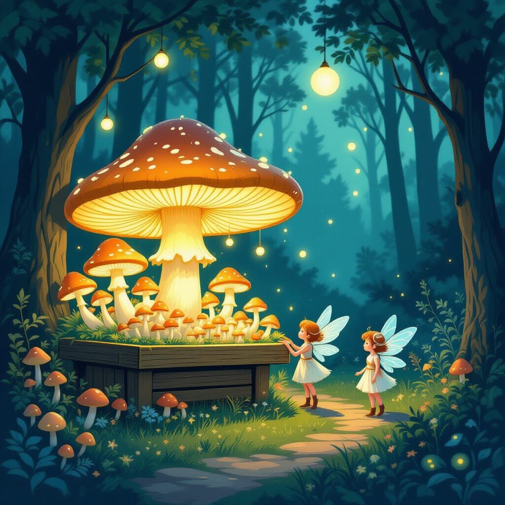 Enchanted Forest Farmstand with Sprites and Glowing Mushroom...