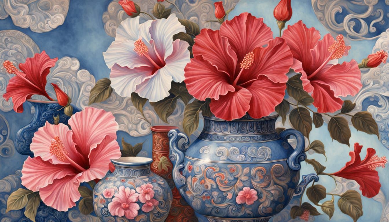 Vibrant Hibiscus Still-Life in Art Nouveau Style