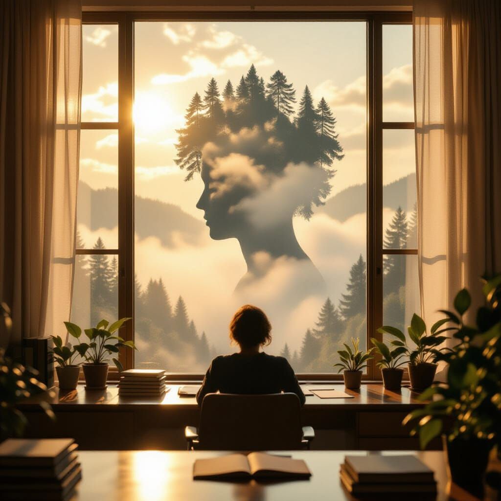 Dreamlike Forest Head Outside Window, Golden Sunlight