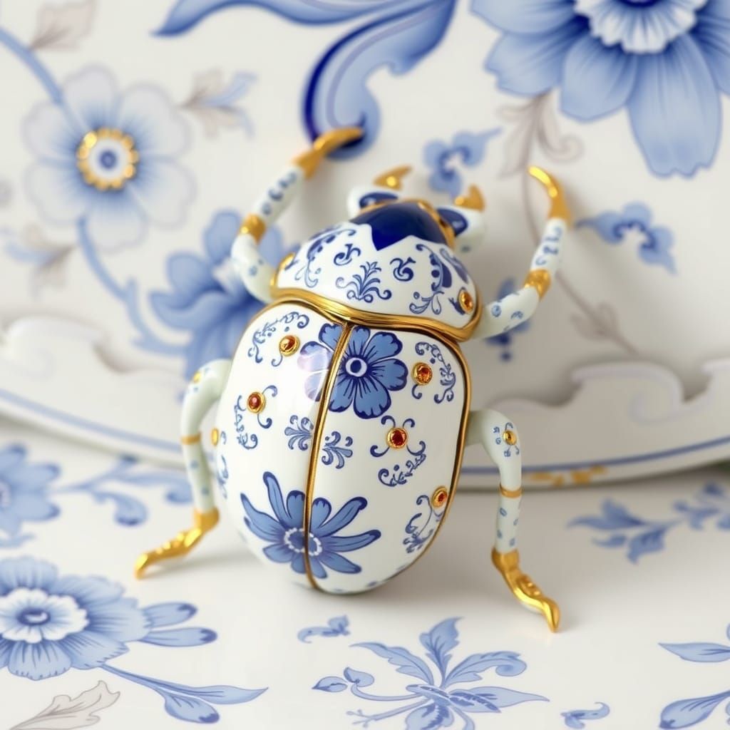 Baroque Ceramic Beetle Sculpture with Floral Gemstone Inlays