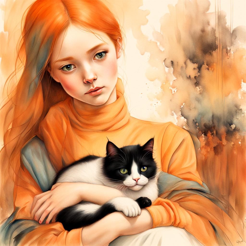 Girl with Cat Portrait in Photorealistic Style