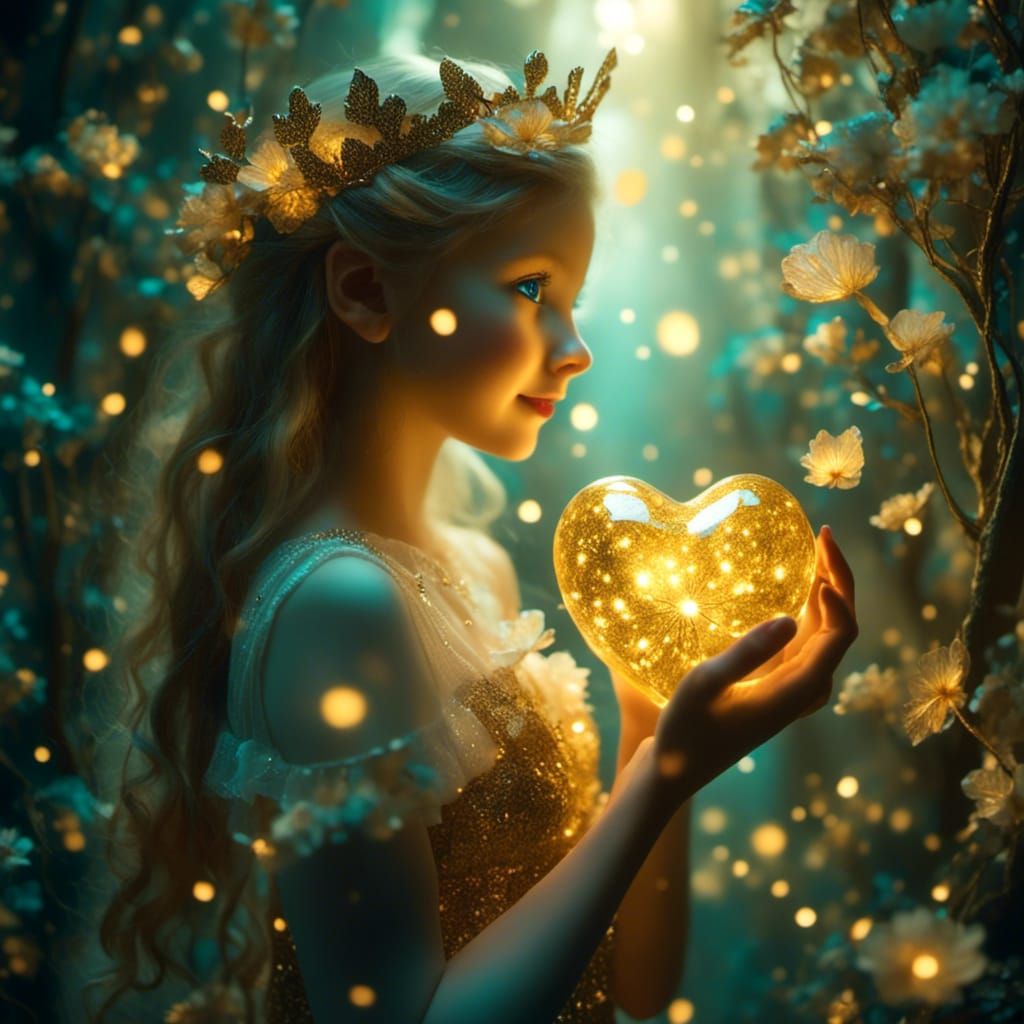 Ethereal Figure Holding Golden Heart in Fantasy Art