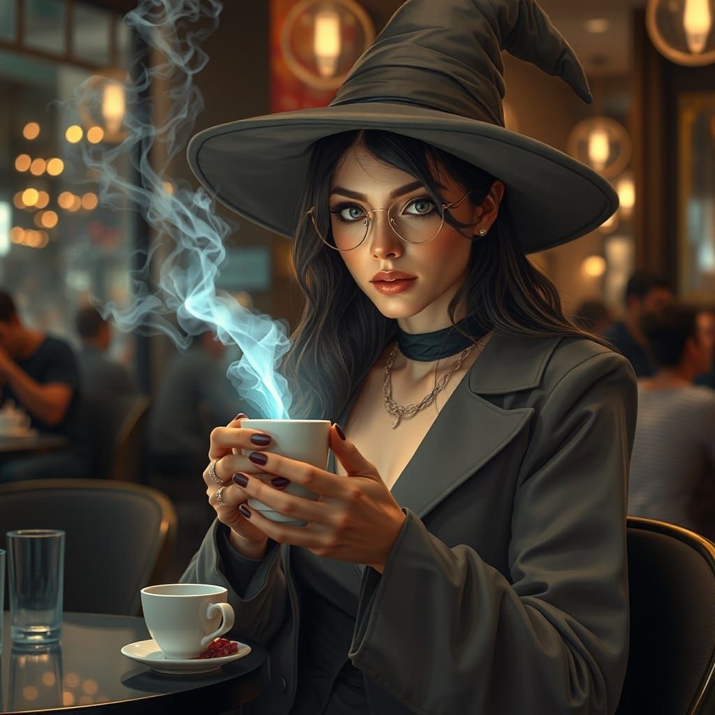 Elegant Witch Conjures Holographic Spellbook in City Cafe