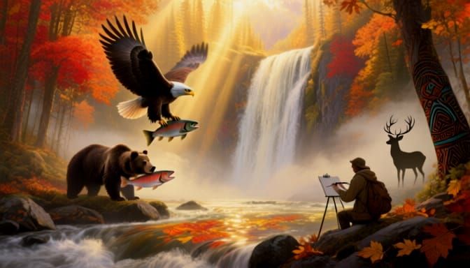 Autumn Waterfall with Wildlife and Traveler
