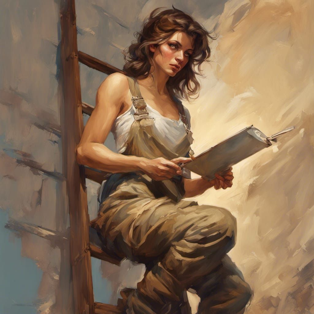 Woman Painting Wall in Romantic Frazetta Style