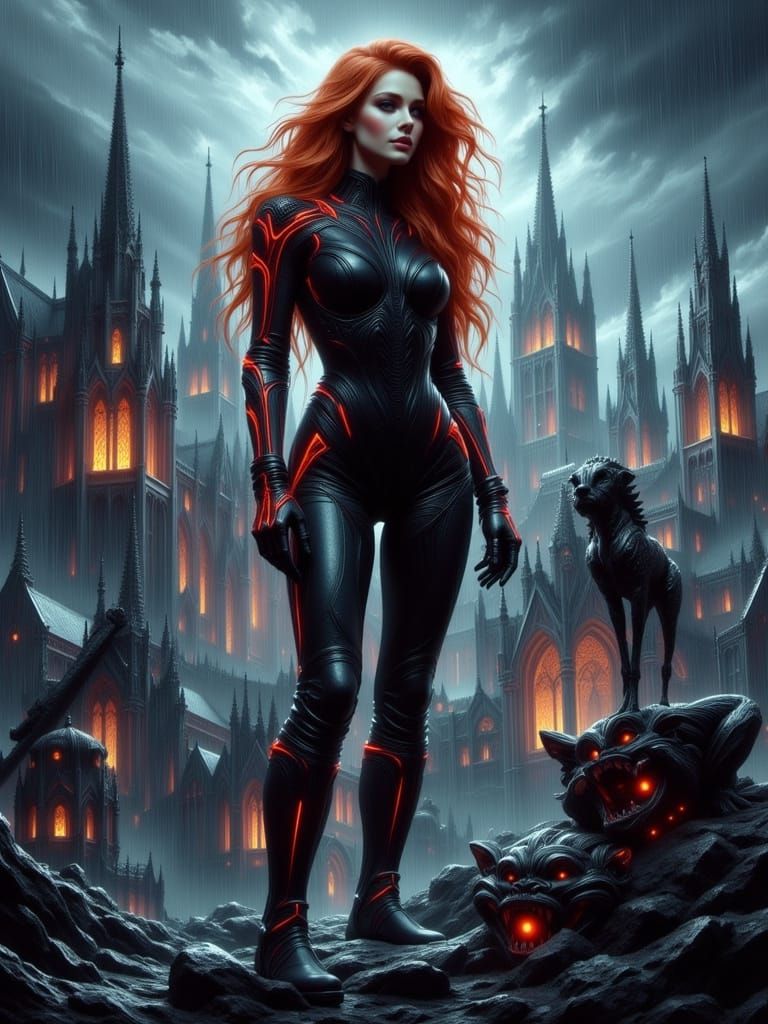 Cyberpunk Woman on Gothic Cathedral in Thunderstorm