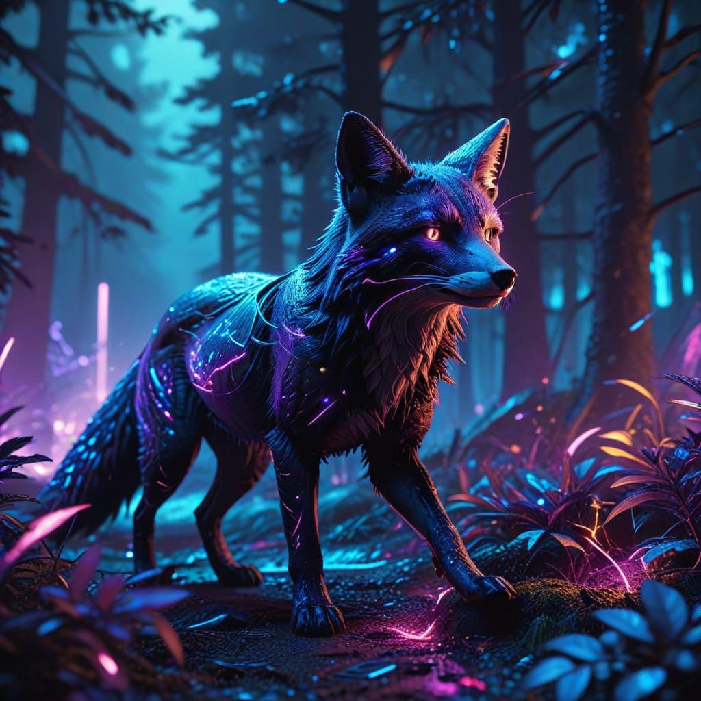 Cyberpunk Fox in Neon Forest with Glowing Starlight