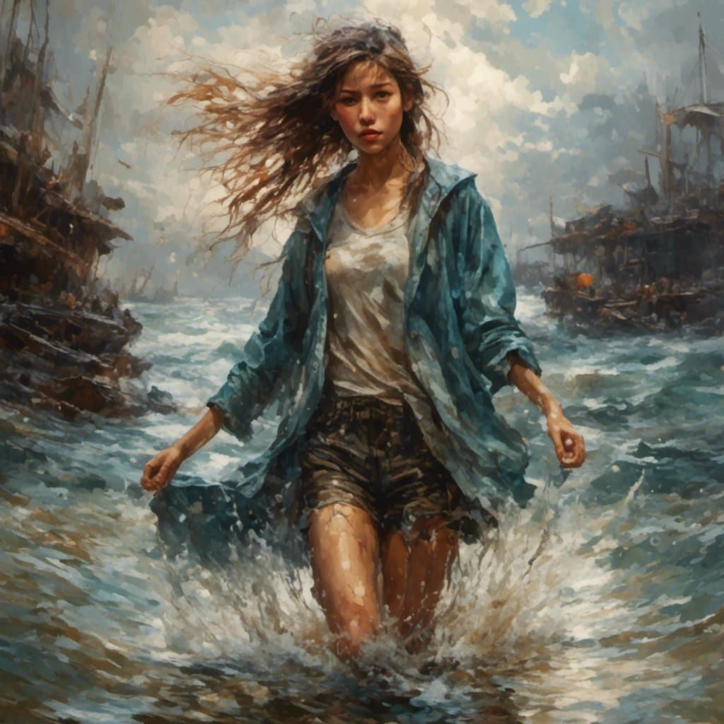 Hyperrealistic Portrait of a Girl with Wet Clothes