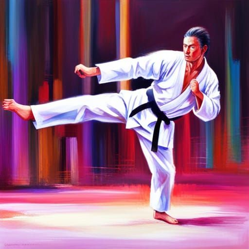 Dynamic Karate Kick with Blurry Motion and Bright Colors