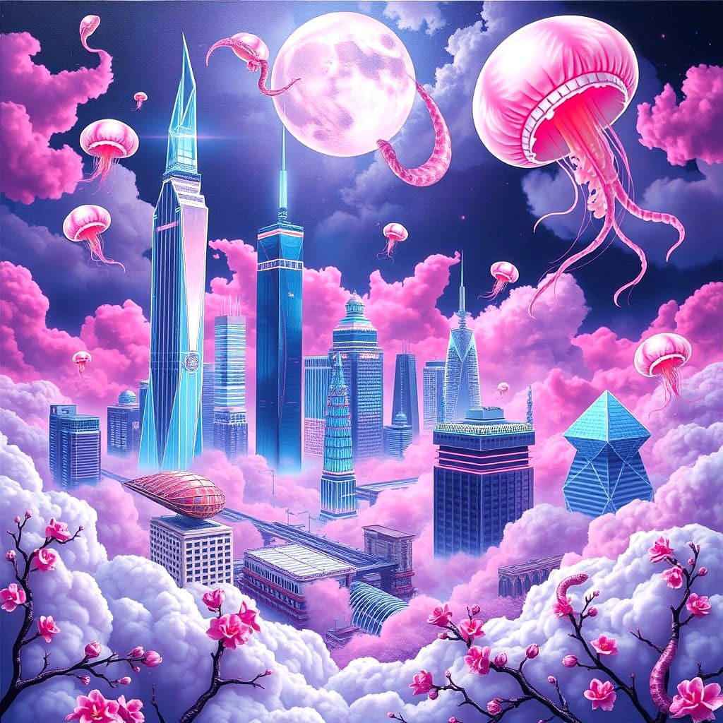 Surreal Neon Japanese City in the Sky