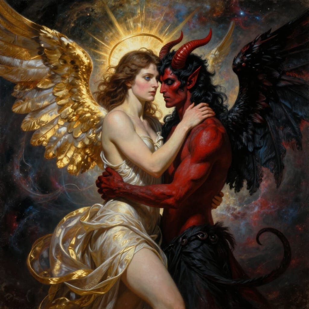 Angel and Demon Embrace in Dramatic Oil Painting Style