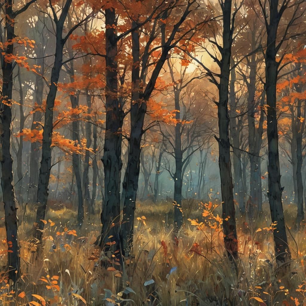 Autumn Meadow Sunset: Surreal Digital Watercolor