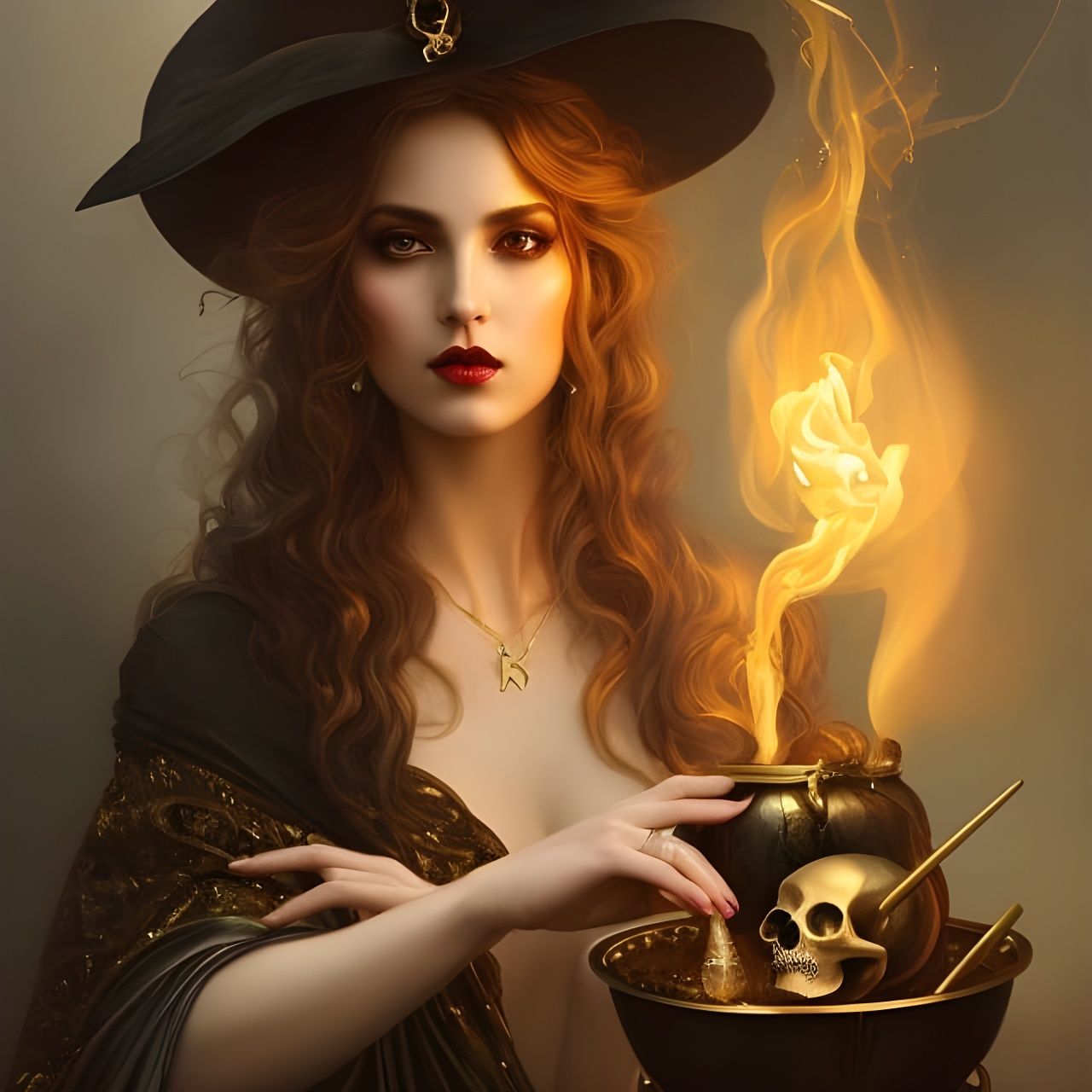 Golden Witch with Bubbling Cauldron Portrait