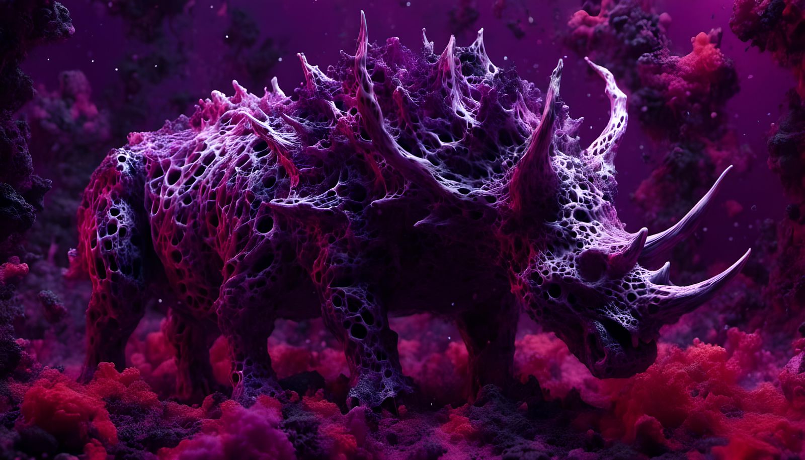 Hyperrealistic Red Triceratops in Violet Forest