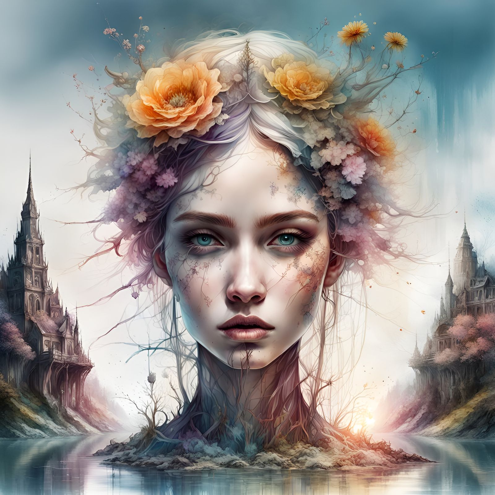 Double exposure merging nature with a beautiful woman face