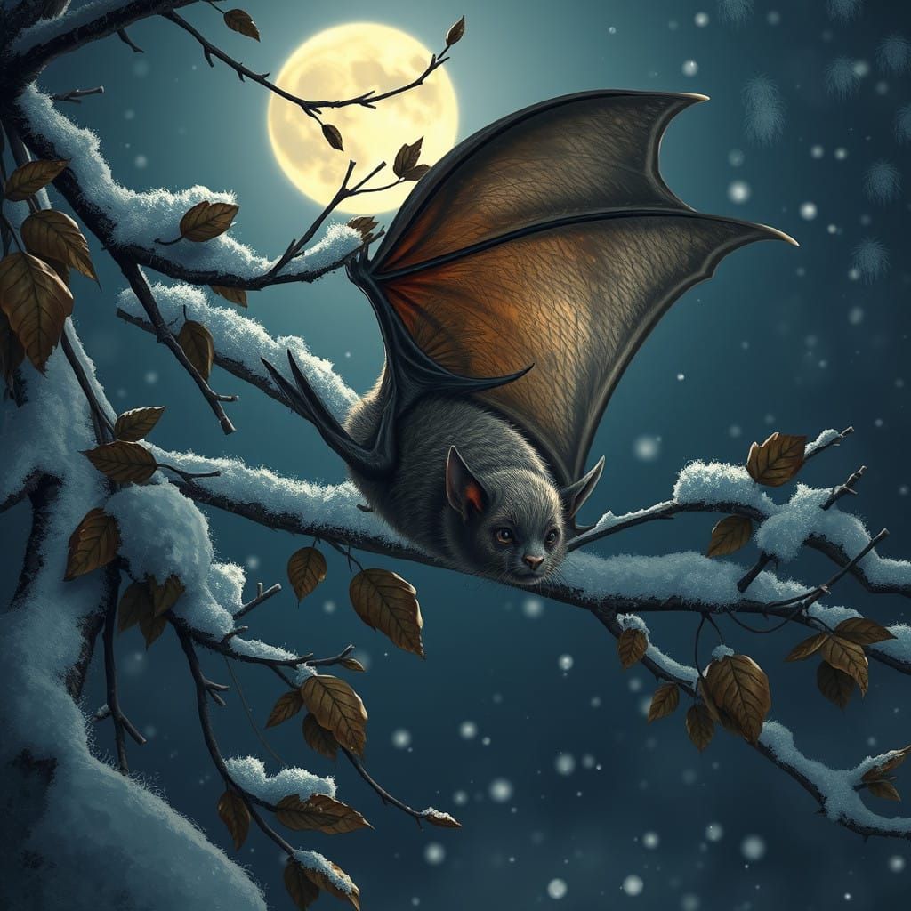 Bat in Winter Wonderland under Full Moon
