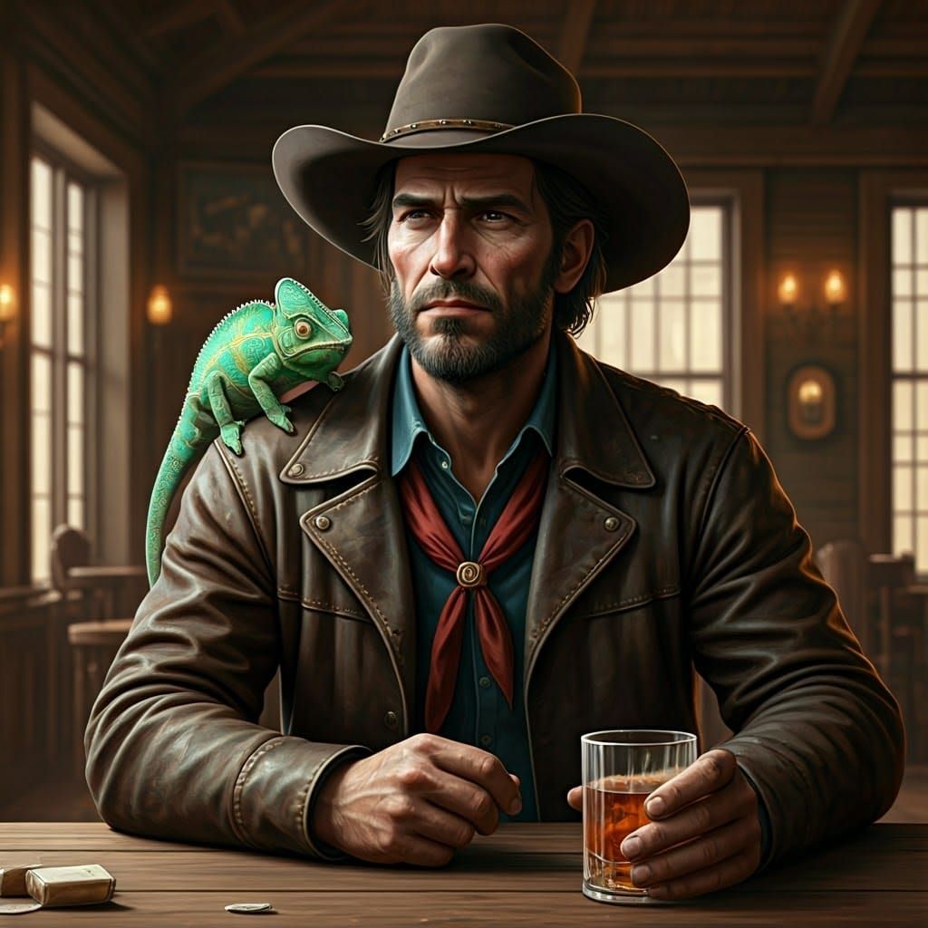 Whisky in a Western Saloon with Chameleon, Syd Mead Style