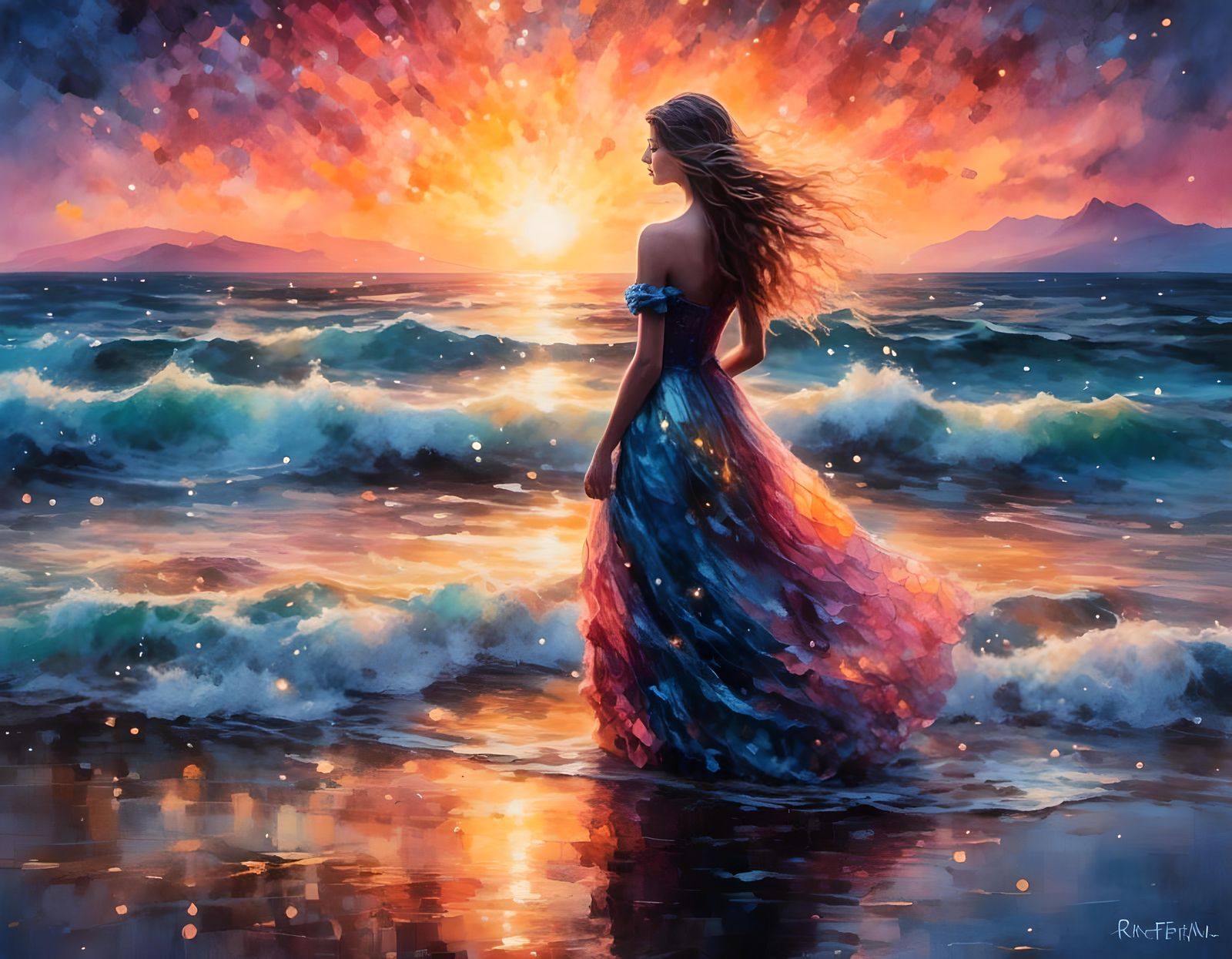 Watercolor Sunset Coastal View with Woman