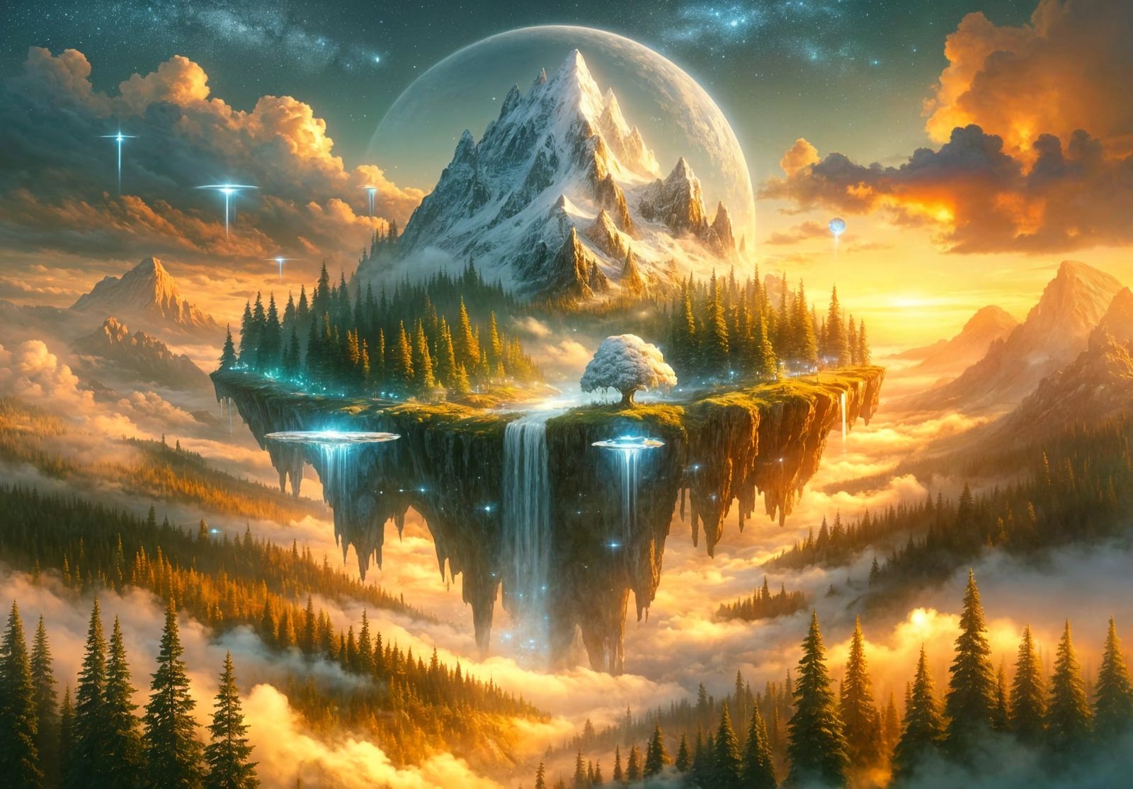 Floating Island With Spaceships In Oil Painting Style