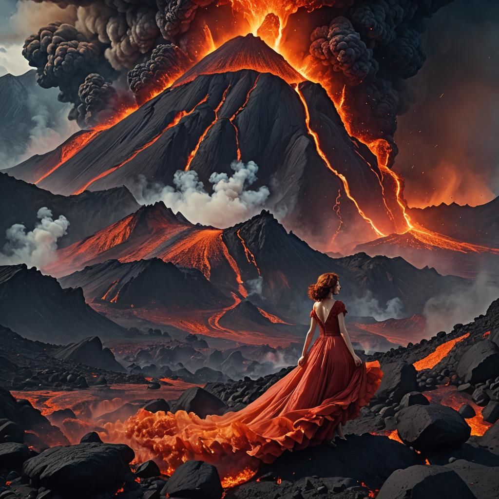 Girl Floating Above Volcano: Digital Matte Painting