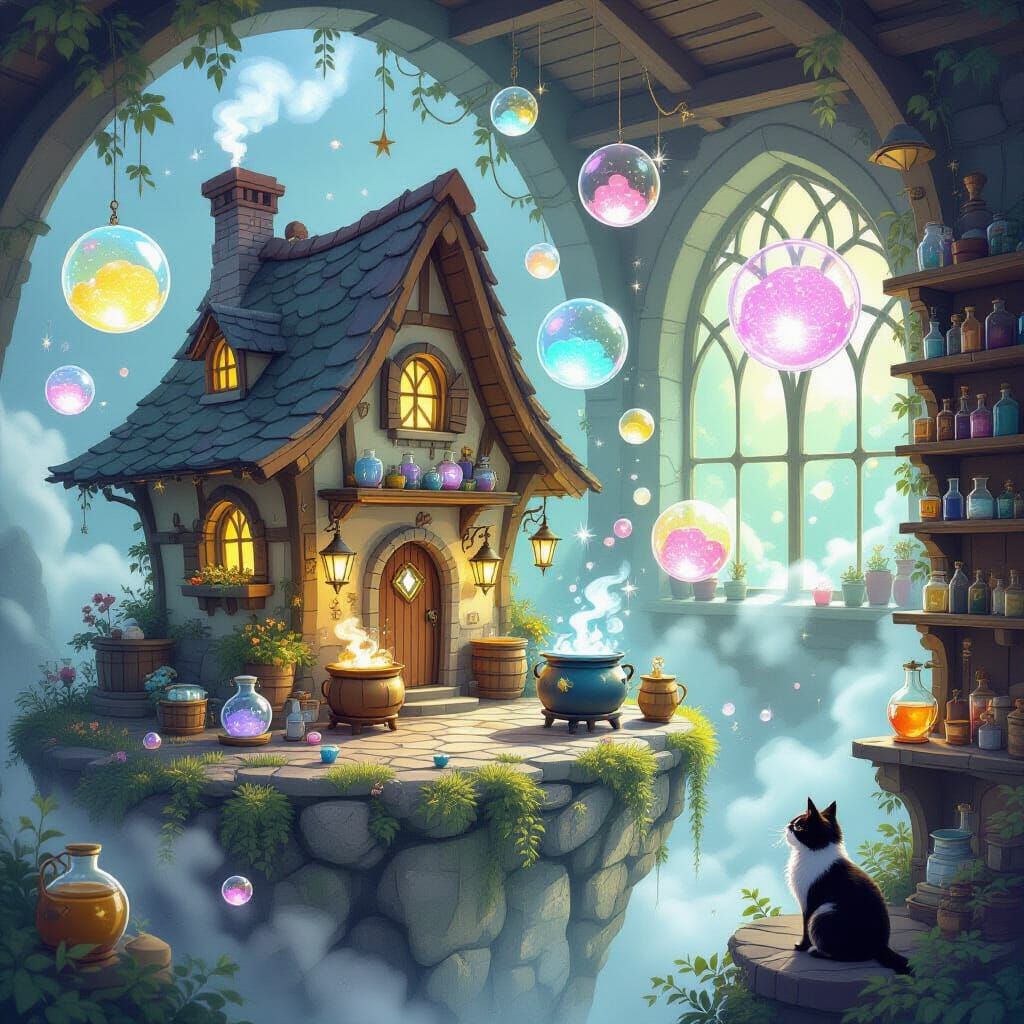 A whimsical cottage perched atop a misty cliff, where a quirky bubble alchemist crafts emotional bubbles in a floating l...