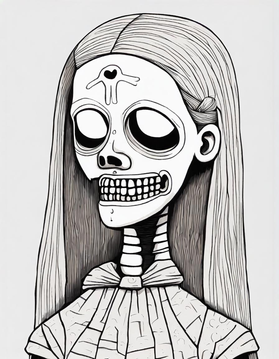 Girl with Death Mask in Cartoon Style