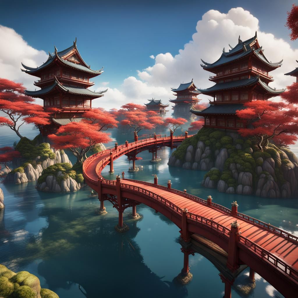 Floating Asian Islands with Japanese Bridges
