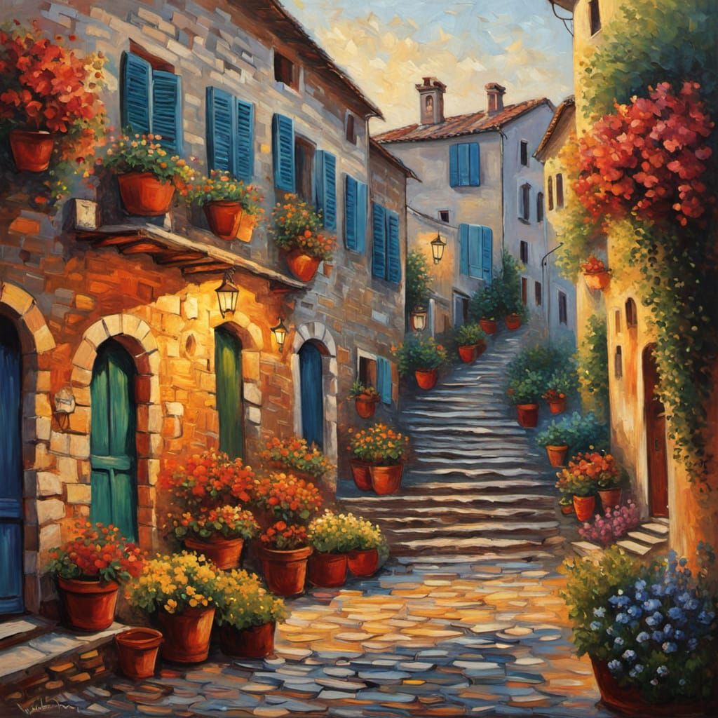 Charming Italian Village Captured in Vibrant Neo-Impressioni...