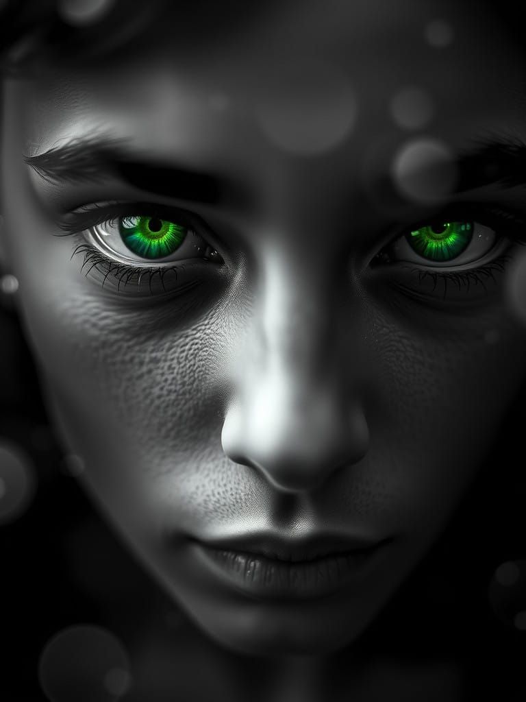 Hyperrealist Portrait of a Face in Eerie Green-Eyed Mystery
