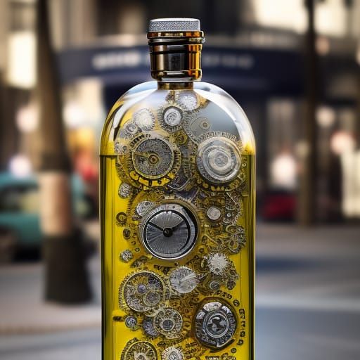 Futuristic Clockwork in Glass Bottle, Sci-Fi Art