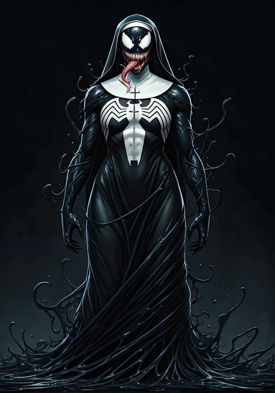 Nun Embraced by Venom Symbiote in Comic Art Style