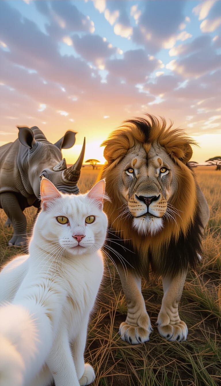 Lion, Cat, Rhino Selfie on African Savannah at Sunset