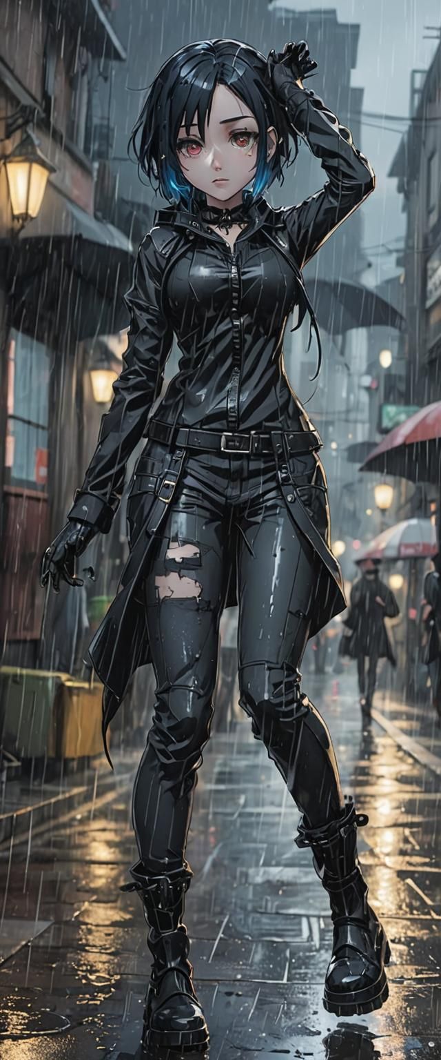 Pretty goth girl walking in the rain