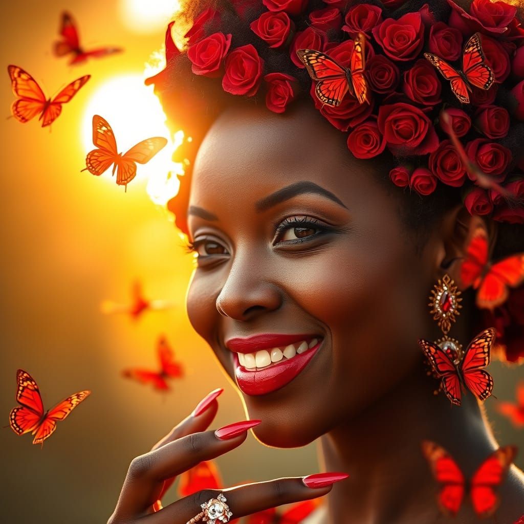 Beautiful African Woman with Rose Hair in Sunlight