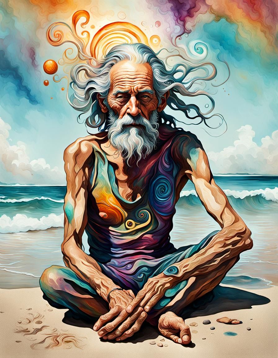 Barefoot Hippie on Beach in Visionary Art Style