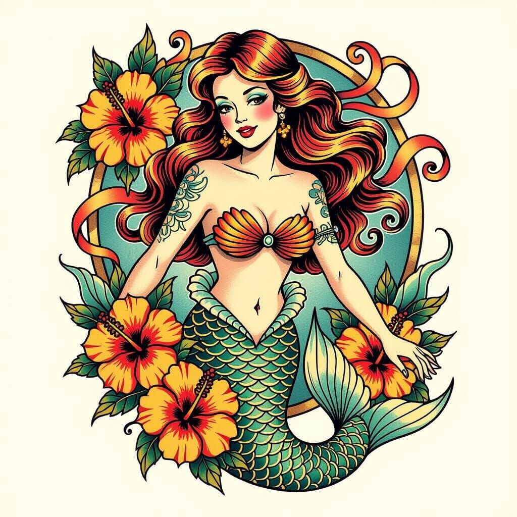 Sailor Jerry Style Mermaid Tattoo with Flowers and Ribbons