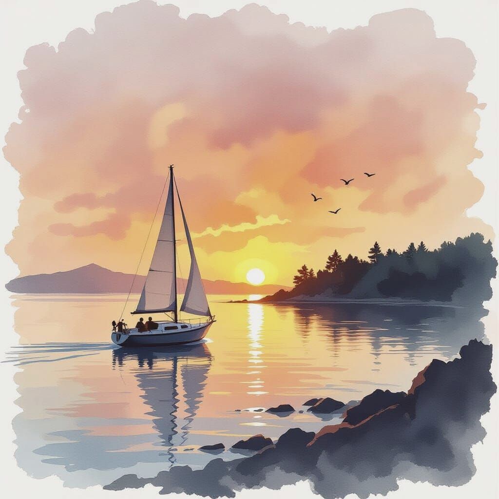 Coastal Sunset Sailboat Watercolor Painting
