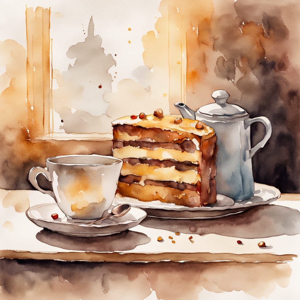 Watercolor Johny Cake and Coffee: Oil Painting Style