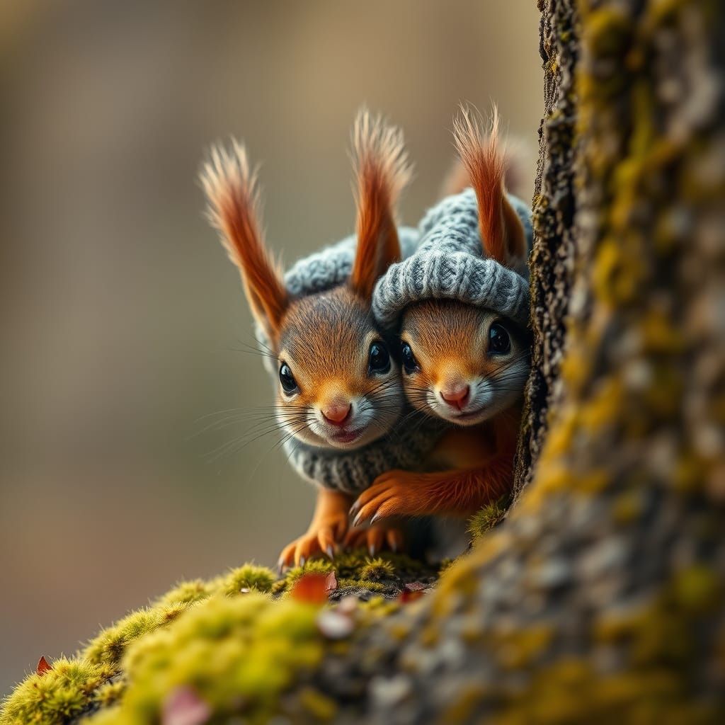 Red Squirrel Family in Autumn Attire