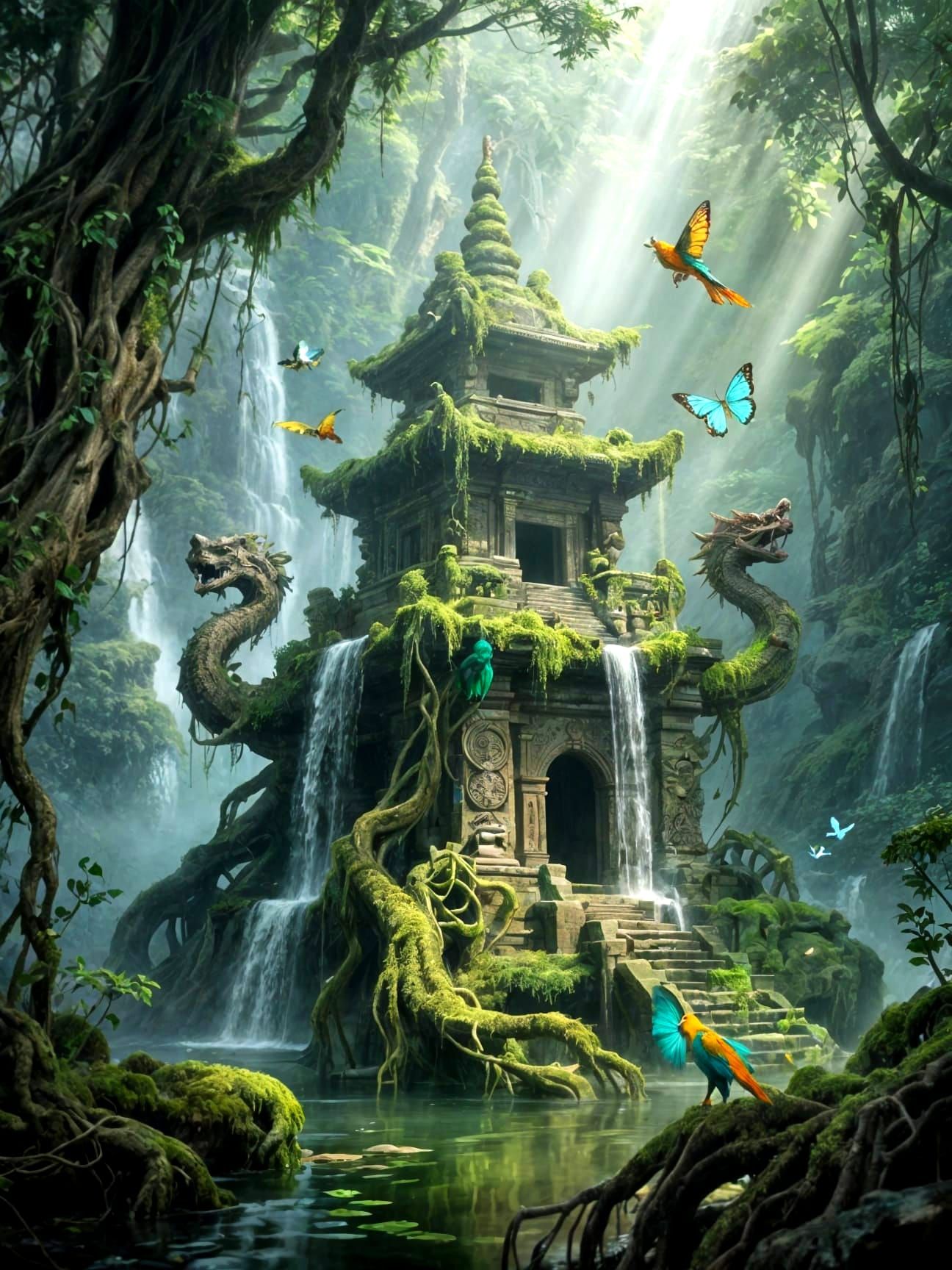 Forgotten Pagoda Reclaimed by Nature in Dreamlike Light