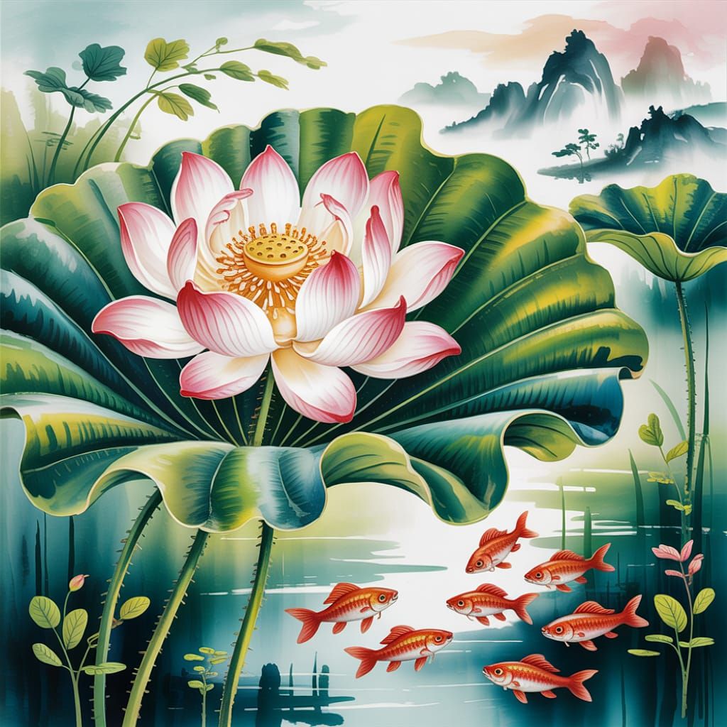 A white lotus flower painting on the wall, with light pink and beige hues, meticulous brushwork, hand-painted details, g...