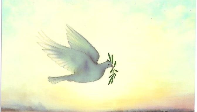 Dove Soaring Through Serene Dawn Sky in Watercolor Style