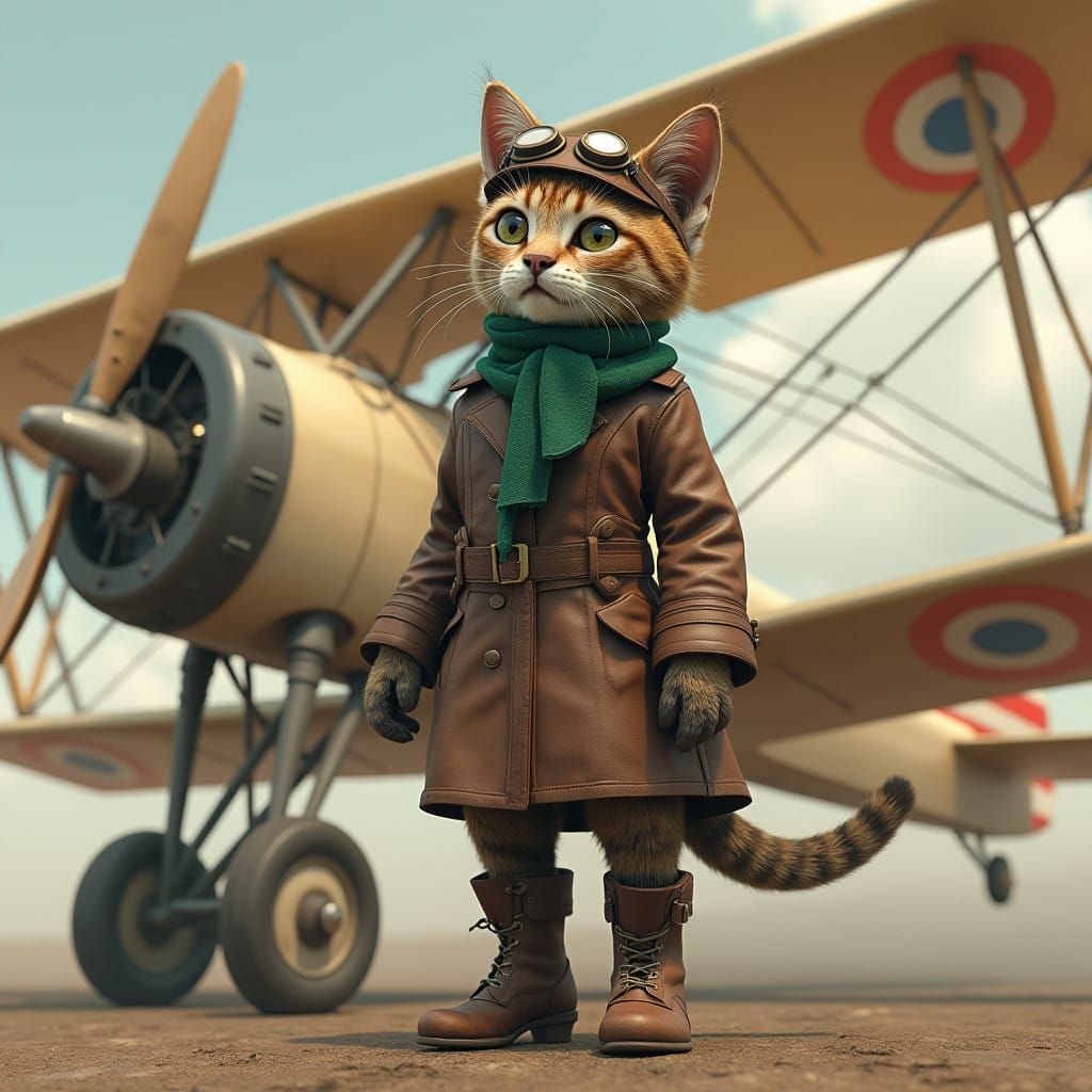 Anthropomorphic Cat Pilot in Early 1900s Gear