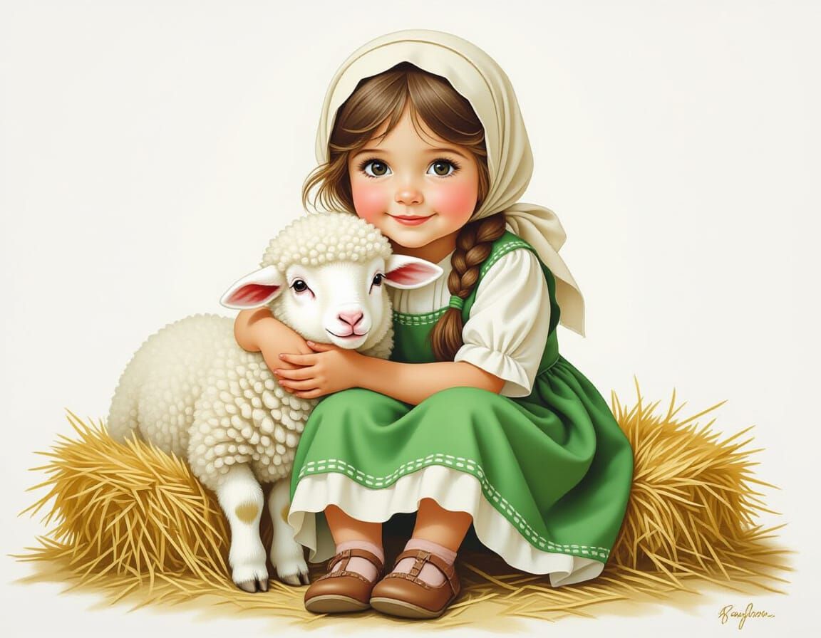 Adorable Girl Hugging Sheep in Mark Ryden Style