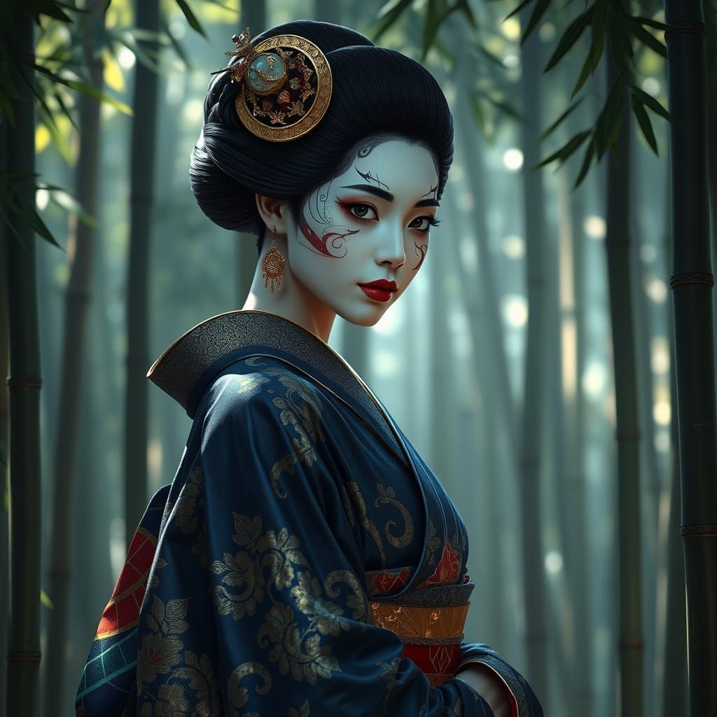 Elegant Geisha in Bamboo Forest, Rendered in Hyper-Realistic...