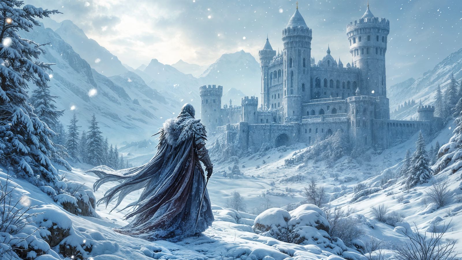 Majestic Winter Fortress in Elyria's Enchanted Snowscape