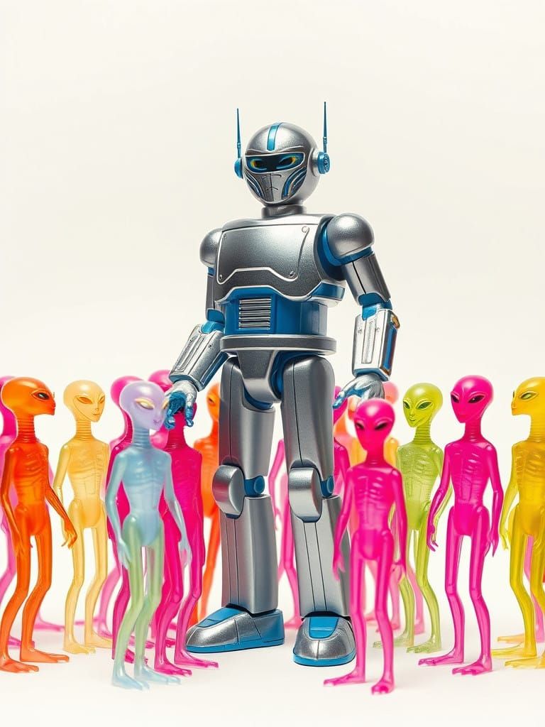 Retro-Futuristic Robot Among Vintage Space Aliens