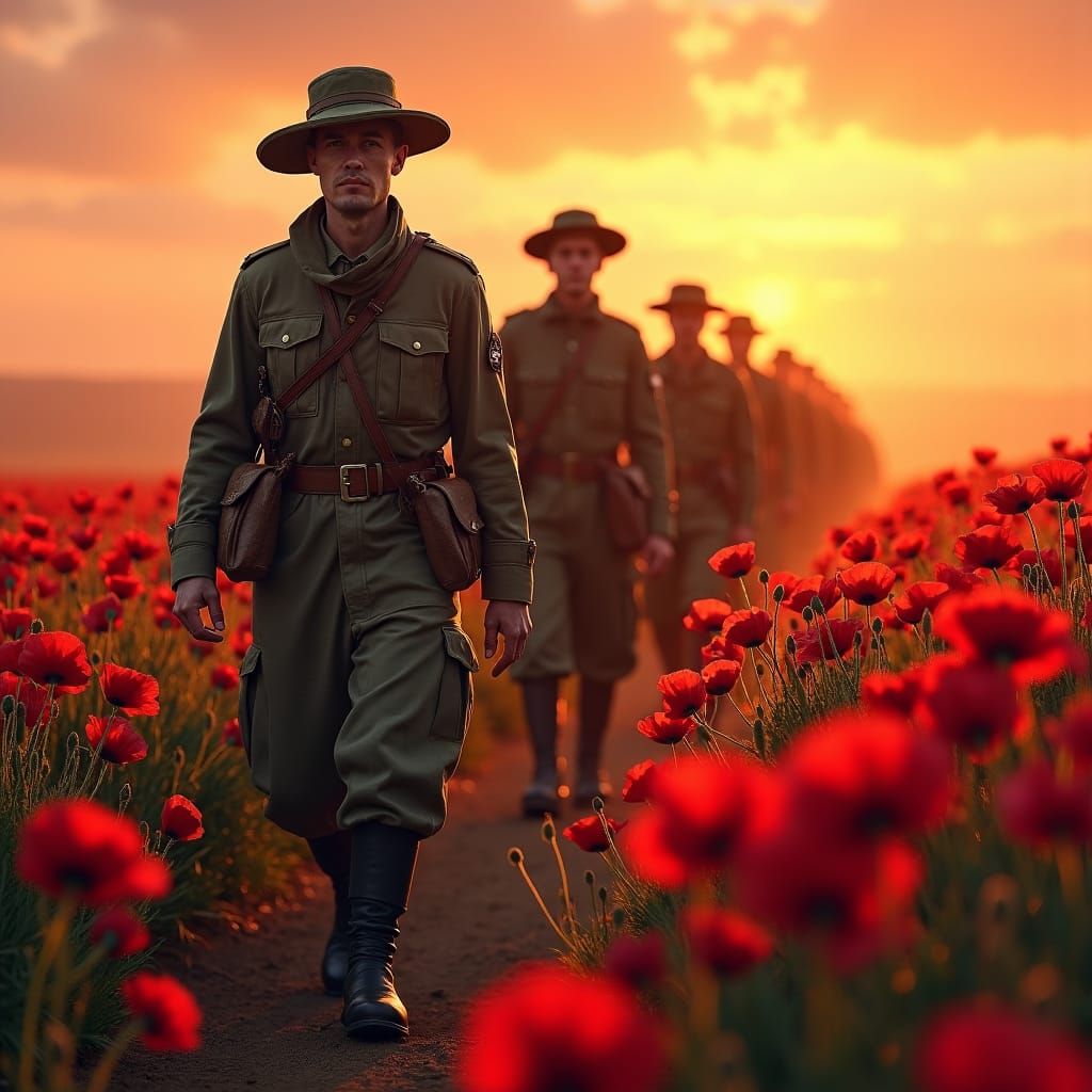 Australian Soldiers Return Through Poppy Field at Sunset