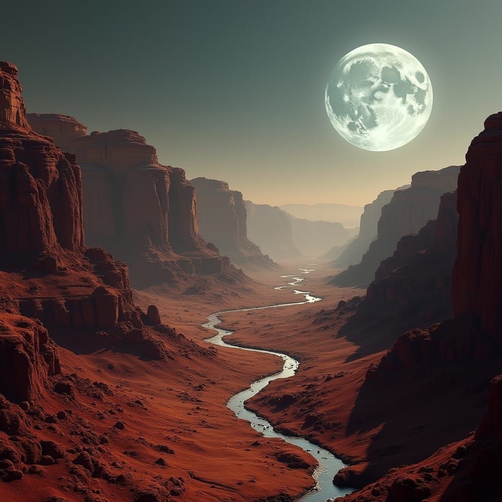 Mars Valleys at Ethereal Moonlight